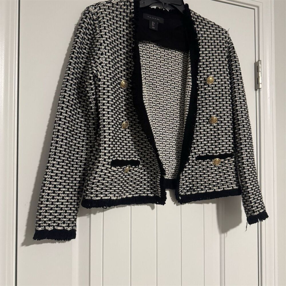 Tahari Women's Black Knit Cardigan Jacket M Open Front Gold Buttons